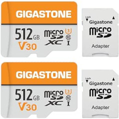 Gigastone 512GB MicroSDXC atmiņas karte 2 pack + SD adapteris kamerai, personālajam datoram, klēpjdatoram un planšetdatoram, lasīšanas ātrums līdz 100 MB/s, 4K UHD video ierakstīšana, Micro SD karte UHS-I V30 Class 10 U3