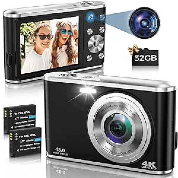 AutoFocus 4K digitālā kamera ar dubultu kameru ar 32 GB atmiņas karti HD 48MP 16X digitālā tālummaiņa 2,8 collu liela ekrāna fotokamera Kompakta kamera iesācējiem (melna)