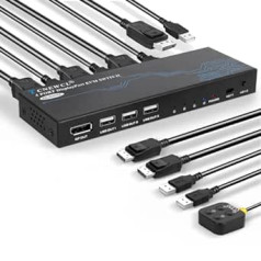 TCNEWCL DisplayPort KVM slēdzis 4 ports, 4K @ 60Hz DP un USB KVM slēdzis 4 datoriem Kopīgojiet 1 monitora tastatūras peli, USB 2.0 displeja porta slēdzi klēpjdatoram, personālajam datoram, Xbox HDTV ar 4 DP un USB kabeļiem