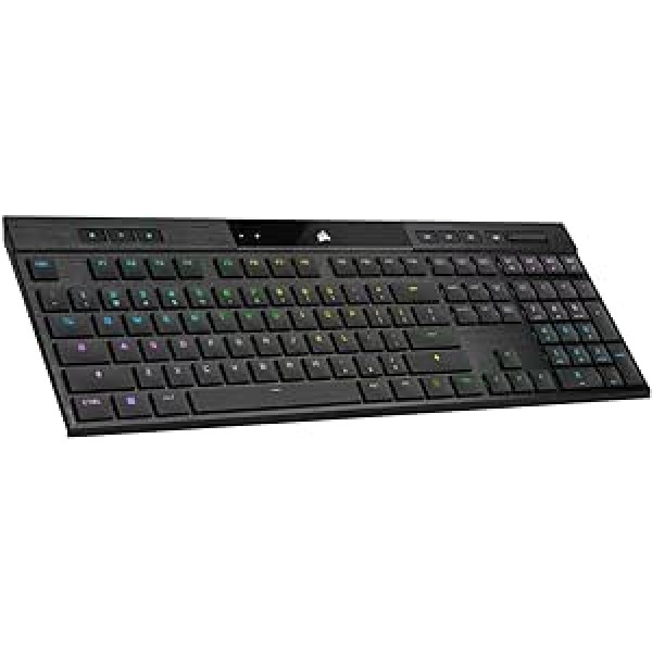 Corsair K100 AIR bezvadu RGB mehāniskā spēļu tastatūra — īpaši plāna, 1 ms slīdošā plūsma, Bluetooth ar mazu latentumu, Cherry MX īpaši zema profila taustiņu slēdži — NA izkārtojums, QWERTY — melns