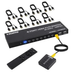 HDMI KVM slēdzis 1x8 8 portu HDMI slēdzis ar 4K@60Hz atbalstu KVM slēdzis 8 datoru koplietošanas monitoram ar tālvadības pulti, vadu darbvirsmas kontrolieri un 8 KVM kabeļiem