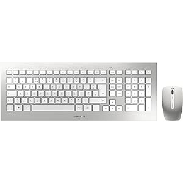 CHERRY DW 8000, kabelloses Tastatur- und Maus-Set, Spanisches Layout (QWERTY), batteriebetrieben, ultraflache Tastatur, 3 Tasten-Maus mit Infrarotsensor, Weiß-Silber