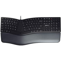 CHERRY KC 4500 ERGO ergonomiskā tastatūra, britu izkārtojums (QWERTY), vadu, polsterēts plaukstas balsts ar atmiņas putām, izliekta tastatūra, melna