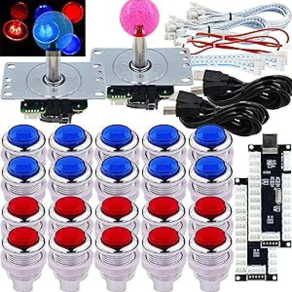 SJ@JX Arcade 2 Player Game Controller LED Buttons Chrome Paint MX Microswitch 8 Way Joystick USB Encoder Cable Stick DIY Kit for PC MAME Raspberry Pi Blue Red