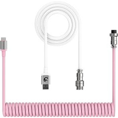 XINMENG datorspēļu tastatūras kabelis, pielāgota tinuma C tipa aviācijas mehāniskā tastatūra uz USB A kabelis ar noņemamu metāla aviācijas savienotāju USB-C TPU atsperes uzlādes kabelis — balts U/rozā C