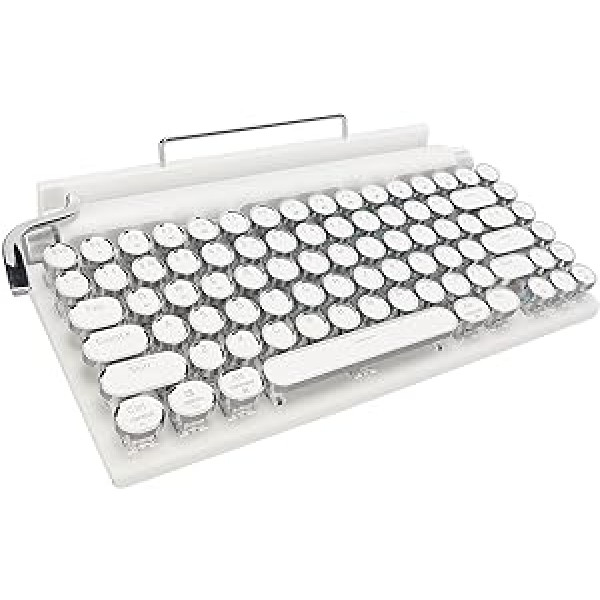 Mehāniskā rakstāmmašīnas tastatūra, retro Bluetooth rakstāmmašīnas tastatūra ar 83 taustiņiem, zils slēdzis, multivides vadība, retro apaļie taustiņi, LED aizmugurgaismojuma tastatūra un (balta)