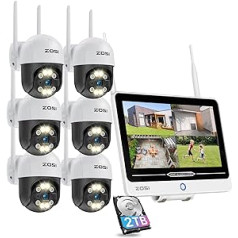 ZOSI 2K āra WLAN novērošanas kameru komplekts ar 12,5 collu monitoru, 6x 3MP panoramēšanas/nolieces WiFi kameru ar prožektoru un 8CH 2TB HDD NVR, divvirzienu audio, krāsu nakts redzamību, IP66 ūdensizturīgs