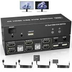 HDMI KVM Switch Dual Monitors 2 Computers, 4K @ 60Hz Extended Display 2 Ports HDMI KVM Switch 2 Monitors 2 Computers with 3 USB Ports and Audio Microphone Port, PC Monitor Keyboard Mouse Switcher