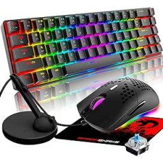 60% Mini 68 taustiņu RGB apgaismojums Vadu USB C spēļu mehāniskais zils slēdzis tastatūra + varavīksnes apgaismojums 6400 DPI pele + peles bungee kabeļa vadība + peles paliktnis — melns/zils slēdzis