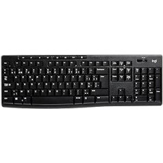 Logitech K270 bezvadu tastatūra, 2,4 GHz savienojums, izmantojot USB Unifying uztvērēju, 8 multivides un Schortcut taustiņi Nešļakata, 2 gadu akumulatora darbības laiks, AZERTY beļģu izkārtojums — melns