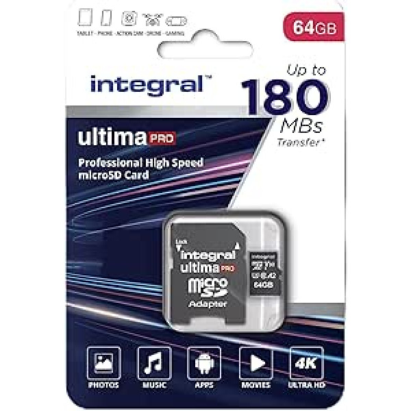 Integral 64GB Micro SD Card 4K Video Read Speed 180MB/s and Write Speed 45MB/s MicroSDXC A2 C10 U3 UHS-I 180-V30 Our Fastest High Speed Micro SD Memory Card