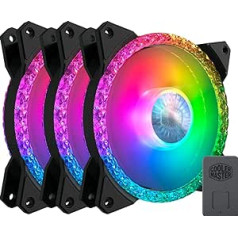 Cooler Master MasterFan MF120 Prismatic 3in1 — 120 mm korpusa ventilators, adresējams trīskāršās cilpas RGB apgaismojums, kristāla efekts, kluss, iekļauts kontrolieris — universāla saderība