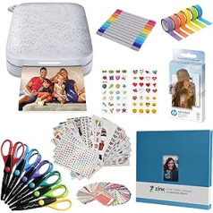 HP Sprocket pārnēsājamais 2x3 collu tūlītējais fotoattēlu printeris (balts) scrapbooking komplekts