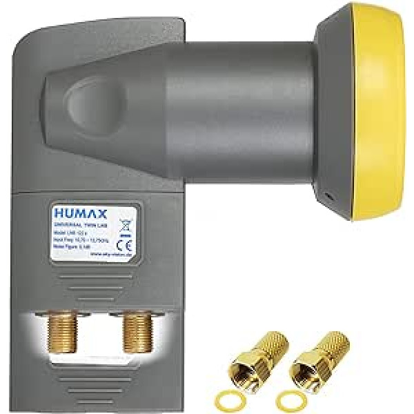 HUMAX Digital Twin LNB Gold Satellite universāls LNB, LTE filtrs, 2 abonenti, ieskaitot laikapstākļu pārklājumu un zeltītus F-savienotājus, digitālajai televīzijai HD, Full HD, 4K UHD un 8K, melns/dzeltens