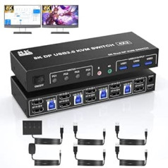 8K@60Hz Displayport KVM jungiklis, dvigubas monitorius, 4K @ 120Hz KVM jungikliai 4 kompiuteriai 2 monitoriai su 3 USB 3.0 prievadais ir garso mikrofono išvestis, DP monitoriaus jungiklis 4 kompiuteriams su bendrais 2 monitoriais