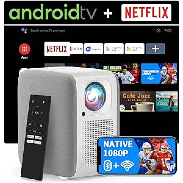 Vietējais 1080P FHD projektors, 4K projektors ar Netflix sertifikātu, Android TV10.0, 5000+ lietotņu, 500 ANSI, stereo skaļrunis, 5G WiFi Bluetooth, filmu projektors, kas ir savietojams ar iOS/Android/Windows