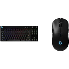 Logitech G PRO TKL mehāniskā spēļu tastatūra, GX-Blue Clicky slēdži, vācu QWERTZ izkārtojums, melna un Logitech G PRO bezvadu spēļu pele, Hero 16000 DPI sensors, melns — ES iepakojums