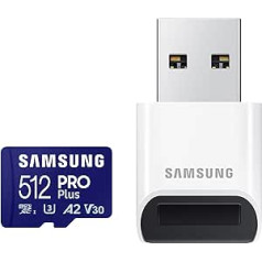 Samsung PRO Plus microSD karte + USB karšu lasītājs, 512 GB, mobilajām spēlēm viedtālruņos, planšetdatoros un rokas konsolēs, UHS-I U3, Full HD un 4K UHD, 180 MB/s lasīšanas, 130 MB/s rakstīšanas, MB-MD512SB /WW