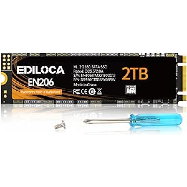 Ediloca EN206 2TB SSD M.2 SATA 3D NAND TLC, M.2 2280 SATA III 6Gb/s SSD iekšējais cietais disks, lasīšanas/rakstīšanas ātrums līdz 550/480MB/s, savietojams ar Ultrabooks, planšetdatoriem un mini datoriem