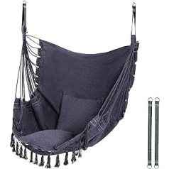 REDCAMP piekarināms krēsls, virves šūpoles ar 2 spilveniem un aparatūras komplektiem, augstākās kvalitātes kokvilnas audums izcilam komfortam un izturībai, maksimālā slodze 150 kg