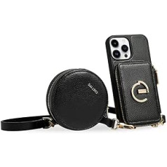 CUSTYPE iPhone 14 Pro Max Case, Mobile Phone Case iPhone 14 Pro Max with Women's Small Round Coin Purse/Stand, Case with Shoulder Strap/Carry Strap, Microfibre Leather Case iPhone 14 Pro Max Black 6.7