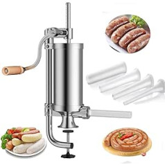 5.0 Litre Sausage Machine Sausage Filler Made of Stainless Steel with Fixed Holder - Practical Vertical Sausage Filling Machine with 4 Filling Tubes and Hand Crank - Capacity 5.0 Litres