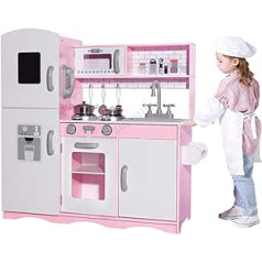 GALACTICA WW-PK-04 Koka rotaļu virtuve ar piederumiem, rotaļlieta bērniem, zēni, meitenes, bērni, ēst gatavošana, lomu spēles komplekts, spēles dāvana, rozā