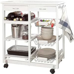 BAKAJI virtuves ratiņi, koka 2 atvilktnes, galda piederumu paplāte, vīna plaukts, 5 nodalījumi baltā metāla standarta