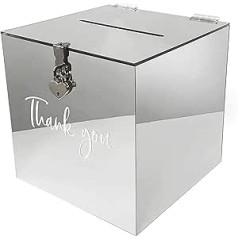 Akrilo dovanų kortelių dėžutė vestuvėms | „Wishing Well“ vestuvių atvirukų dėžutė | Pinigų dėžutė su širdies užraktu | Laiškų dėžutė svečių dovanoms, padėkos atvirukai, sveikinimai | Dekoratyvinė pašto dėžutė (sidabrinė)