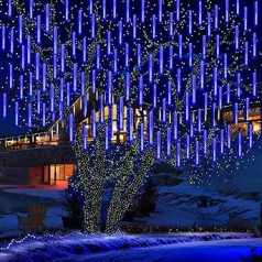 360 Светодиодный метеоритный дождь Сказочные фонари для сада, KINGCOO Водонепроницаемый 30 см 10 трубок Падающие капли дождя Солнечные фонари Декоративные световые трубки для вечеринки на открытом воздухе Свадьба Рождественская елка (синий)