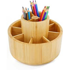 Bamboo Desk Organiser, Rotating Pen Holder, Organiser, Desk Storage for Pens, Coloured Pencils, 360 Degree Rotation