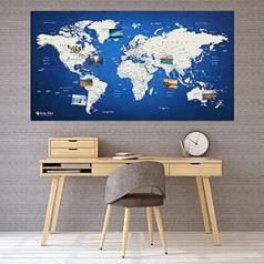 Pasaulio žemėlapis XXL 130 x 70 cm, skirtas Pin Up; Pasaulio žemėlapio gobelenas kaip smeigtukų lenta su 20 vėliavėlių / smeigtukų; Pažymėkite aplankytas vietas; Dovanų idėja draugams iš kelionių ir dekoravimo