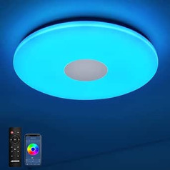 JDONG LED griestu apgaismojums regulējams ar dubultu Bluetooth skaļruni, 24 W diametrs 30 cm IP44 ūdensizturīgs vannas istabas griestu apgaismojums ar tālvadības pulti un lietotņu vadību, balts troksnis guļamistabas virtuvei