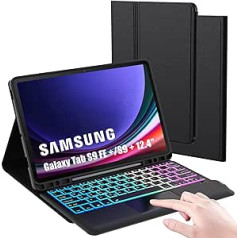 ROOFEI Galaxy Tab S9 FE+/S9+ Plus 12,4 collu korpuss ar QWERTZ tastatūru: 3 zonu 7 krāsu DIY fona apgaismojums, viedais skārienpaliktnis, noņemama tastatūra Samsung Galaxy Tab S9 FE+/S9+ 12,4 collu 2023.