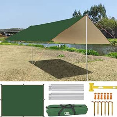 3 x 4 m Tent Tarpaulin Waterproof with Tent Poles PU 2000 mm UV 50+ Tarp Ultralight Awning Multifunctional Camping Tarp for Outdoor Garden Hammock