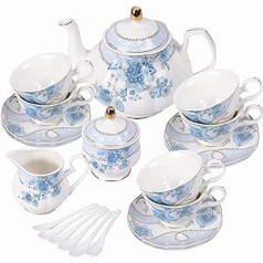 fanquare Blue Flower porcelāna tējas komplekts, tējas krūzes un apakštasīšu komplekts, tējas servīze 6 personām, kāzu tējkanna cukura trauka krējuma krūze, ķīniešu kafijas komplekts