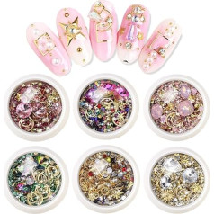 ‎Ebanku EBANKU 6 коробок Nail Art Rhinestone, 3D Nail Crystals Nail Art Rhinestone Mix Size Nail Beads Glitter Rhinestone Stone Gold Metal Stud Irregular 3D Nail Decoration