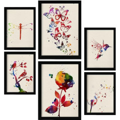 Nacnic Gamtos plakatai. Akvarelės stiliaus augalų, gėlių, drugelių ir paukščių iliustracijos. Interjero dizainas ir dekoravimas. A4 IR A3 FORMATO.