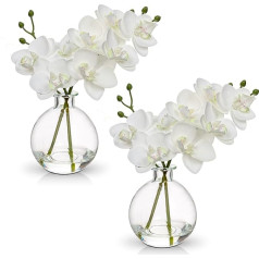 2 x mākslīgās orhidejas baltas ar stikla vāzi, mākslīgo augu dekori orhideju mākslīgie ziedi vāzē ar reālu pieskārienu ziediem, viltus orhideju mākslīgie bonsai viesnīcai, viesistabai, birojam, virtuvei