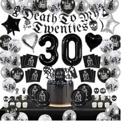 Death to My 20s Party Dekorācijas Komplektā ietilpst Death My Twenties Black Banner, RIP To My 20s Balloons, My Youth Funny Thirtyieth Party Cake Topper, 30. dzimšanas dienas deserta šķīvji Salvetes galdauti