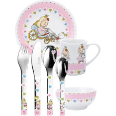 Puresigns ONE Nelia Kindergeschirr Prinzessin Porzellan Kinderbesteck Edelstahl Poliert Silber 7-teilig