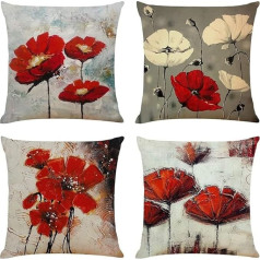 DILOXNSU spilvenu pārvalki 16x16 collas 4 Pack Red Flower Modern Art Dekoratīvie linu spilvenu pārvalki Square dīvānam Dzīvojamā istaba Lauku māja Birojs