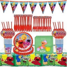 Sesame Street Party Tableware Tomicy 72 Pieces Sesame Street Children's Birthday Table Decoration Children's Birthday Party Banner Plates Cups Napkins Tablecloth Knife Fork for 10 Guests