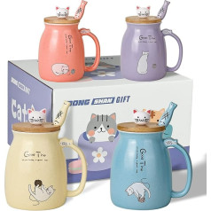 4 mielų katės puodelių rinkinys, keraminiai kavos puodeliai su gražiu kačiuko dangteliu, naujoviškas ryto arbatos puodelių rinkinys moterims, Kalėdų gimtadienio dovanų puodelis 450 ml (4 dalys, mėlyna, rožinė, violetinė, geltona)