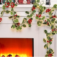 Ziemassvētku dekoratīvā virtene Holly Leaves un sarkanās ogas virtene Ziemas virtene Ziemassvētku dekori Rustic Green Hanging Garland svētku mēteļa galda dekorēšanai 6,5 pēdas (6,5 pēdas)