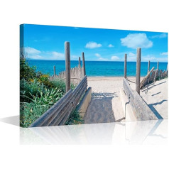 Pludmales ceļš Canvas Wall Art Seascape Sea Fence Artwork Picture Print for Living Room Bedroom Home Office Modern Seaside Landscape Ready to Hang (36x24inch)