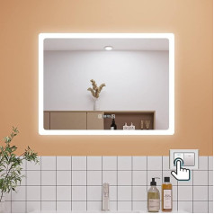 Aica Sanitär LED Bathroom Mirror 70 x 50 cm with Clock 3 Light Colours Dimmable Memory Wall/Touch Switch Anti-Fog Mirror with Lighting Energy Saving