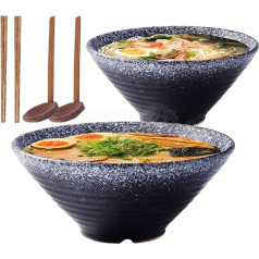 Japāņu 9 collu keramikas Ramen nūdeļu zupas bļoda, 2 komplekti (6 gab.) 1600 ml daudzfunkcionāla bļoda ar atbilstošu karoti un nūjiņām tūlītējai nūdelei, zupai, nūdelei, Pho, Udon un Soba (melna)