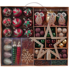 Valery Madelyn Christmas Baubles Plastic Christmas Decoration Baubles 90 Pieces 6.2 cm Classic Christmas Tree Baubles for Christmas Decoration Country Road Red Eucalyptus Green and Gold