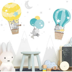 Little Deco DL509 Baby Room Animals in Hot Air Balloon I Wall Picture 111 x 74 cm (W x H) I Rabbit Elephant Stars Mouse Bērnu istabas sienas uzlīmes Boys